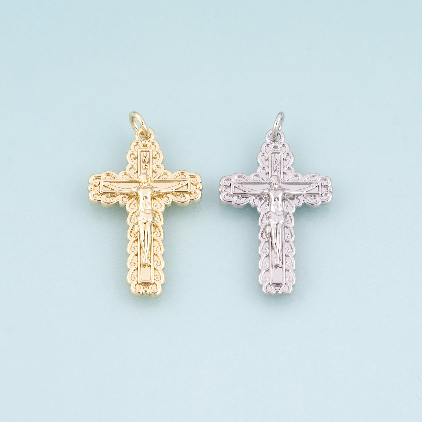 18K Gold Filled Jesus Cross Pendant,Retro Carved Cross Charm Bracelet Necklace for DIY Jewelry Making Supply