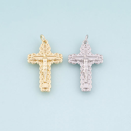 18K Gold Filled Jesus Cross Pendant,Retro Carved Cross Charm Bracelet Necklace for DIY Jewelry Making Supply