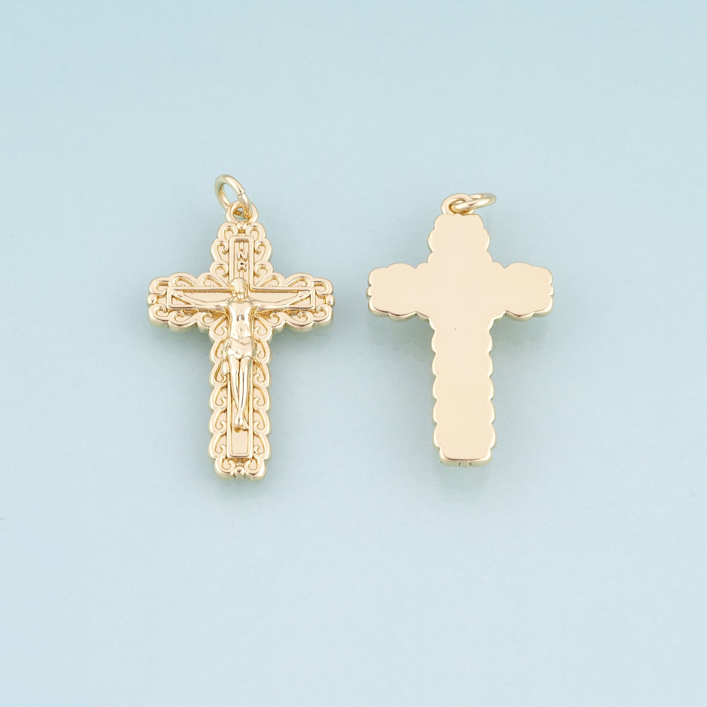 18K Gold Filled Jesus Cross Pendant,Retro Carved Cross Charm Bracelet Necklace for DIY Jewelry Making Supply