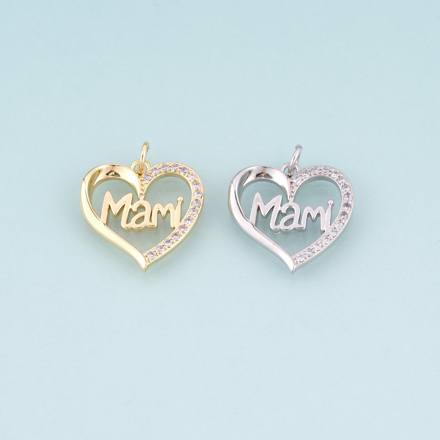 18K Gold Filled CZ Heart Mami Pendant,Mother's Day Gift Heart Charm Bracelet Necklace for DIY Jewelry Making Supply