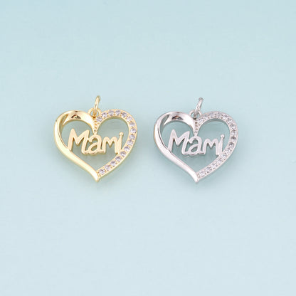 18K Gold Filled CZ Heart Mami Pendant,Mother's Day Gift Heart Charm Bracelet Necklace for DIY Jewelry Making Supply