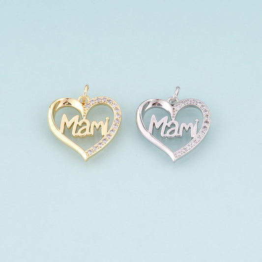 18K Gold Filled CZ Heart Mami Pendant,Mother's Day Gift Heart Charm Bracelet Necklace for DIY Jewelry Making Supply