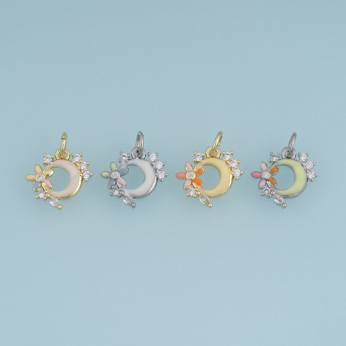 18K Gold Filled Floral Moon Charm,Colorful Enamel Crescent Moon Pendant with Flower Detail Celestial Charm DIY Jewelry