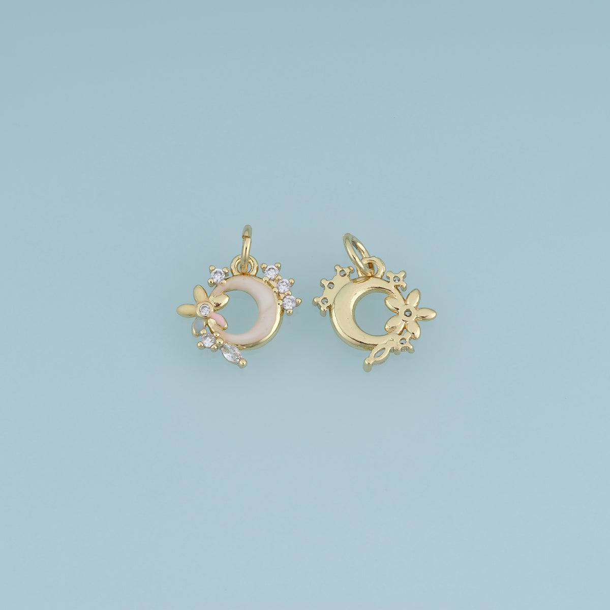 18K Gold Filled Floral Moon Charm,Colorful Enamel Crescent Moon Pendant with Flower Detail Celestial Charm DIY Jewelry