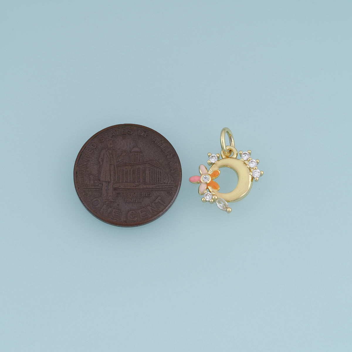 18K Gold Filled Floral Moon Charm,Colorful Enamel Crescent Moon Pendant with Flower Detail Celestial Charm DIY Jewelry