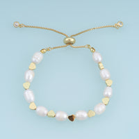 18K Gold Filled Freshwater Pearl Heart Adjustable Bracelet,Gold Heart Bead Pearl Bracelet Adjustable Chain Bracelet Minimalist Jewelry