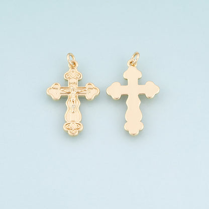 18K Gold Filled Jesus Cross Pendant,Carved Religion Cross Charm Bracelet Necklace for DIY Jewelry Making Supply