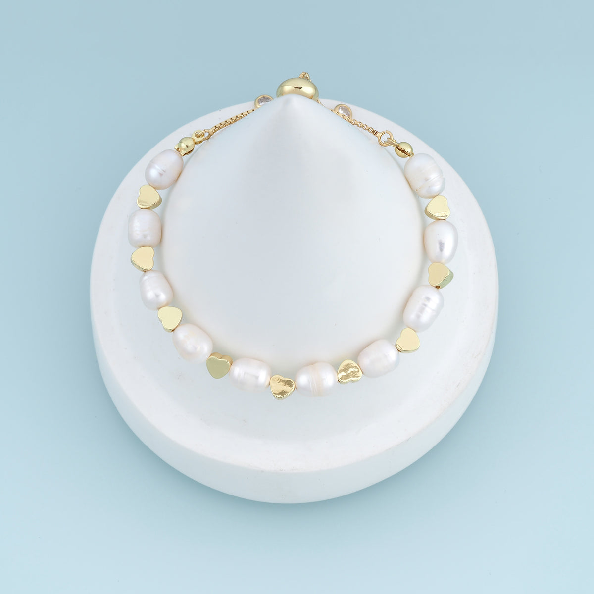 18K Gold Filled Freshwater Pearl Heart Adjustable Bracelet,Gold Heart Bead Pearl Bracelet Adjustable Chain Bracelet Minimalist Jewelry