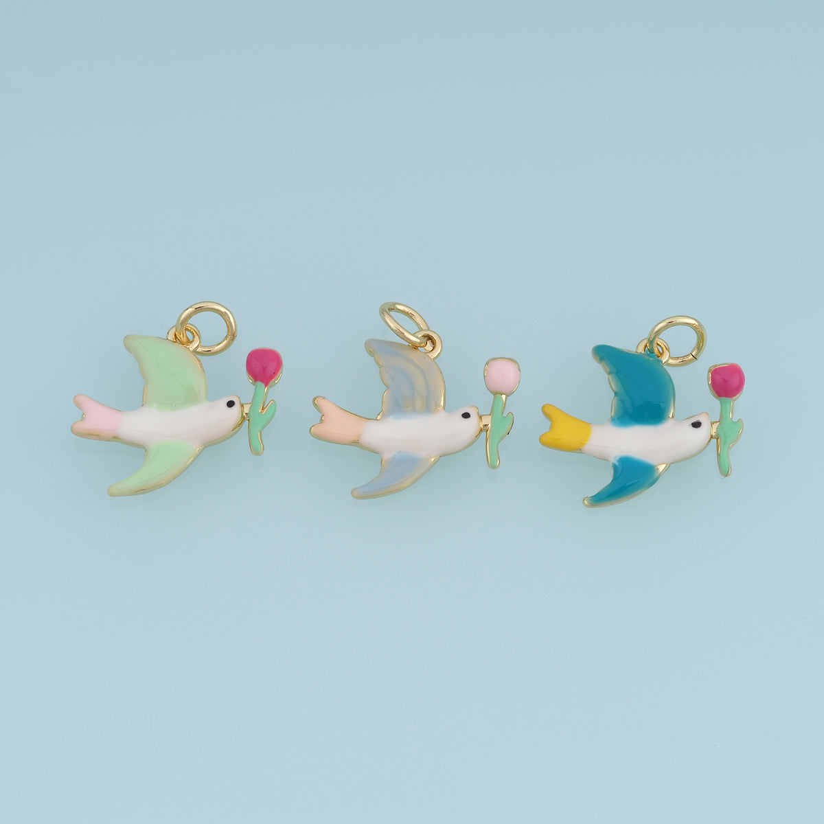 18K Gold Filled Swallow Charm, Colorful Enamel Bird Pendant with Tulip Flower Charm for Bracelet Necklace DIY Jewelry Making Supply