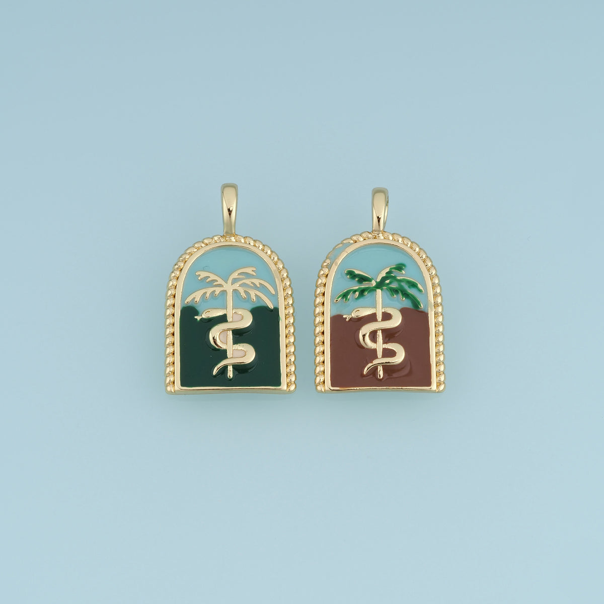 18K Gold Filled Rod of Asclepius Charm, Enamel Medical Symbol Pendant with Palm Tree for Bracelet Necklace DIY Jewelry Making Supply