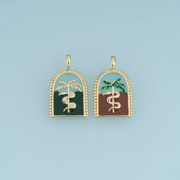 18K Gold Filled Rod of Asclepius Charm, Enamel Medical Symbol Pendant with Palm Tree for Bracelet Necklace DIY Jewelry Making Supply