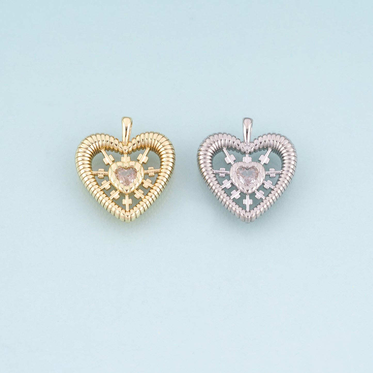 18K Gold Filled CZ Heart Pendant,Radial Texture Heart Charm Bracelet Necklace for DIY Jewelry Making Supply
