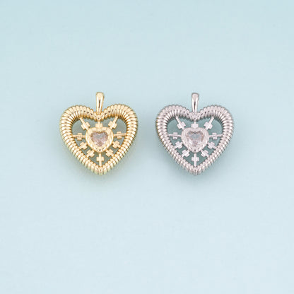18K Gold Filled CZ Heart Pendant,Radial Texture Heart Charm Bracelet Necklace for DIY Jewelry Making Supply