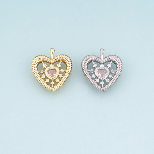 18K Gold Filled CZ Heart Pendant,Radial Texture Heart Charm Bracelet Necklace for DIY Jewelry Making Supply