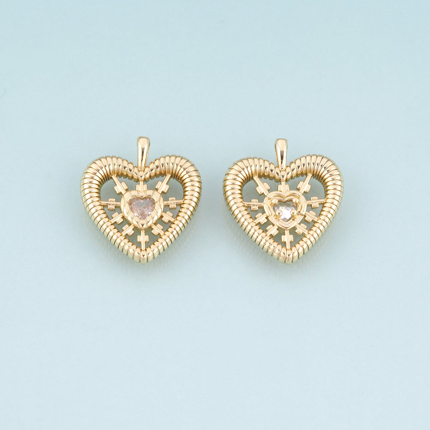 18K Gold Filled CZ Heart Pendant,Radial Texture Heart Charm Bracelet Necklace for DIY Jewelry Making Supply