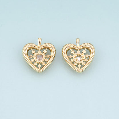 18K Gold Filled CZ Heart Pendant,Radial Texture Heart Charm Bracelet Necklace for DIY Jewelry Making Supply