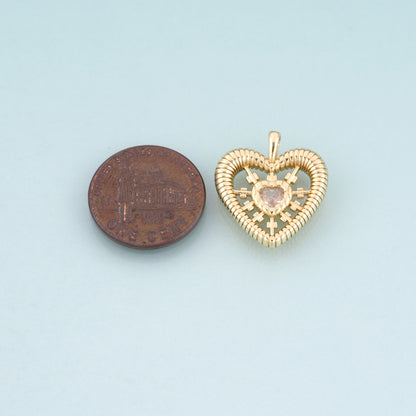 18K Gold Filled CZ Heart Pendant,Radial Texture Heart Charm Bracelet Necklace for DIY Jewelry Making Supply