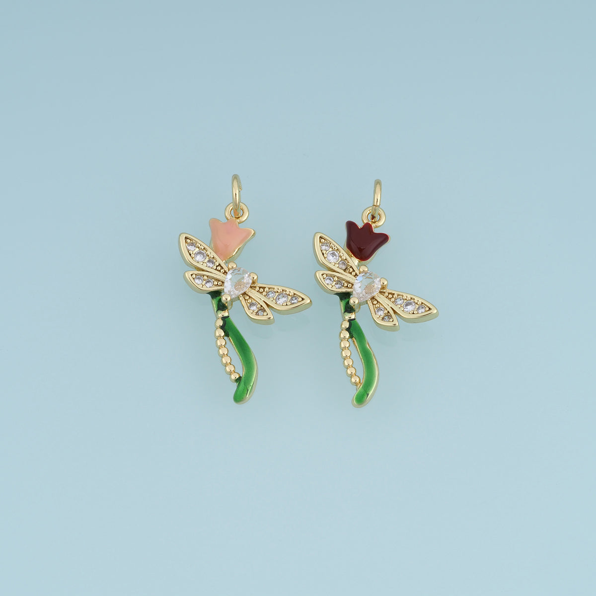 18K Gold Filled Dragonfly Charm, Enamel Dragonfly Pendant with CZ Stones and Tulip Flower for Bracelet Necklace DIY Jewelry Making Supply