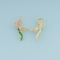 18K Gold Filled Dragonfly Charm, Enamel Dragonfly Pendant with CZ Stones and Tulip Flower for Bracelet Necklace DIY Jewelry Making Supply