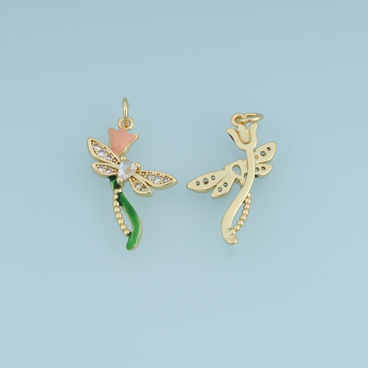 18K Gold Filled Dragonfly Charm, Enamel Dragonfly Pendant with CZ Stones and Tulip Flower for Bracelet Necklace DIY Jewelry Making Supply