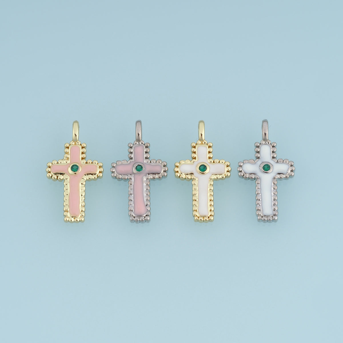18K Gold & Silver Filled Enamel Cross Charm, Beaded Edge Cross Pendant with Green CZ Stone for Bracelet Necklace DIY Jewelry Making Supply