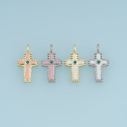 18K Gold & Silver Filled Enamel Cross Charm, Beaded Edge Cross Pendant with Green CZ Stone for Bracelet Necklace DIY Jewelry Making Supply