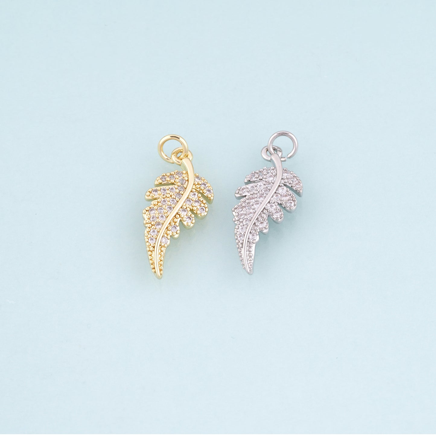 18K Gold Filled CZ Feather Pendant,Light Luxury Charm Bracelet Necklace for DIY Jewelry Making Supply