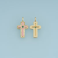 18K Gold & Silver Filled Enamel Cross Charm, Beaded Edge Cross Pendant with Green CZ Stone for Bracelet Necklace DIY Jewelry Making Supply
