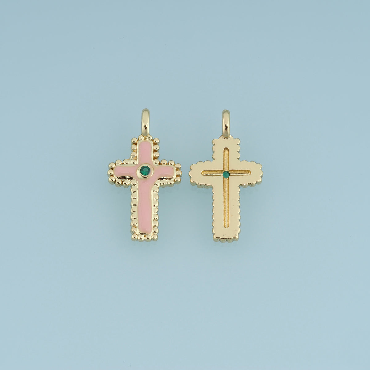 18K Gold & Silver Filled Enamel Cross Charm, Beaded Edge Cross Pendant with Green CZ Stone for Bracelet Necklace DIY Jewelry Making Supply