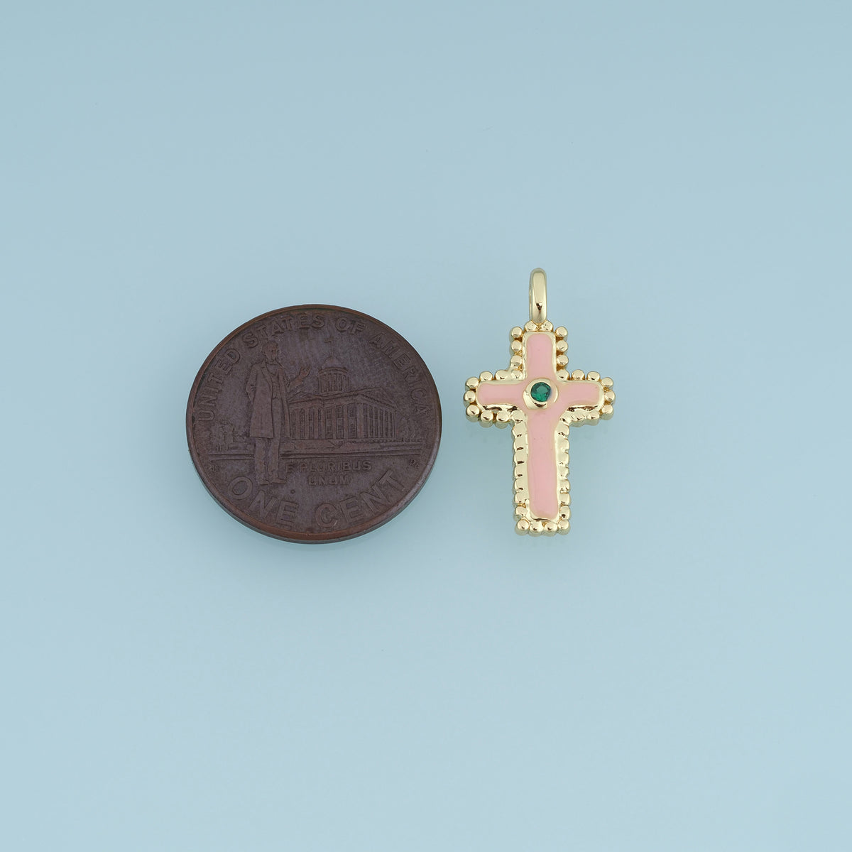 18K Gold & Silver Filled Enamel Cross Charm, Beaded Edge Cross Pendant with Green CZ Stone for Bracelet Necklace DIY Jewelry Making Supply