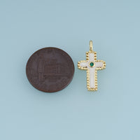 18K Gold & Silver Filled Enamel Cross Charm, Beaded Edge Cross Pendant with Green CZ Stone for Bracelet Necklace DIY Jewelry Making Supply