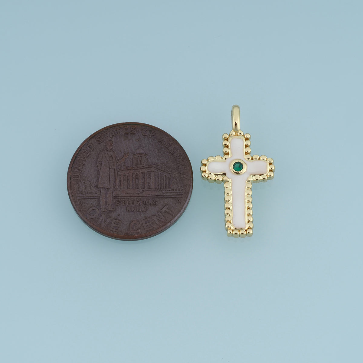 18K Gold & Silver Filled Enamel Cross Charm, Beaded Edge Cross Pendant with Green CZ Stone for Bracelet Necklace DIY Jewelry Making Supply