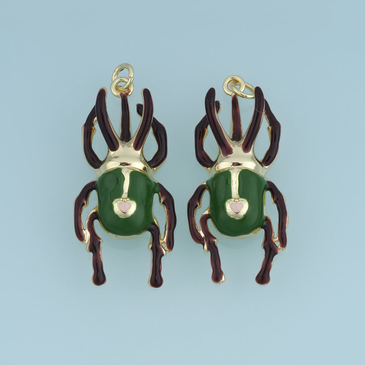 18K Gold Filled Stag Beetle Charm, Enamel Beetle Pendant with Pink Heart Detail for Bracelet Necklace DIY Jewelry Making Supply