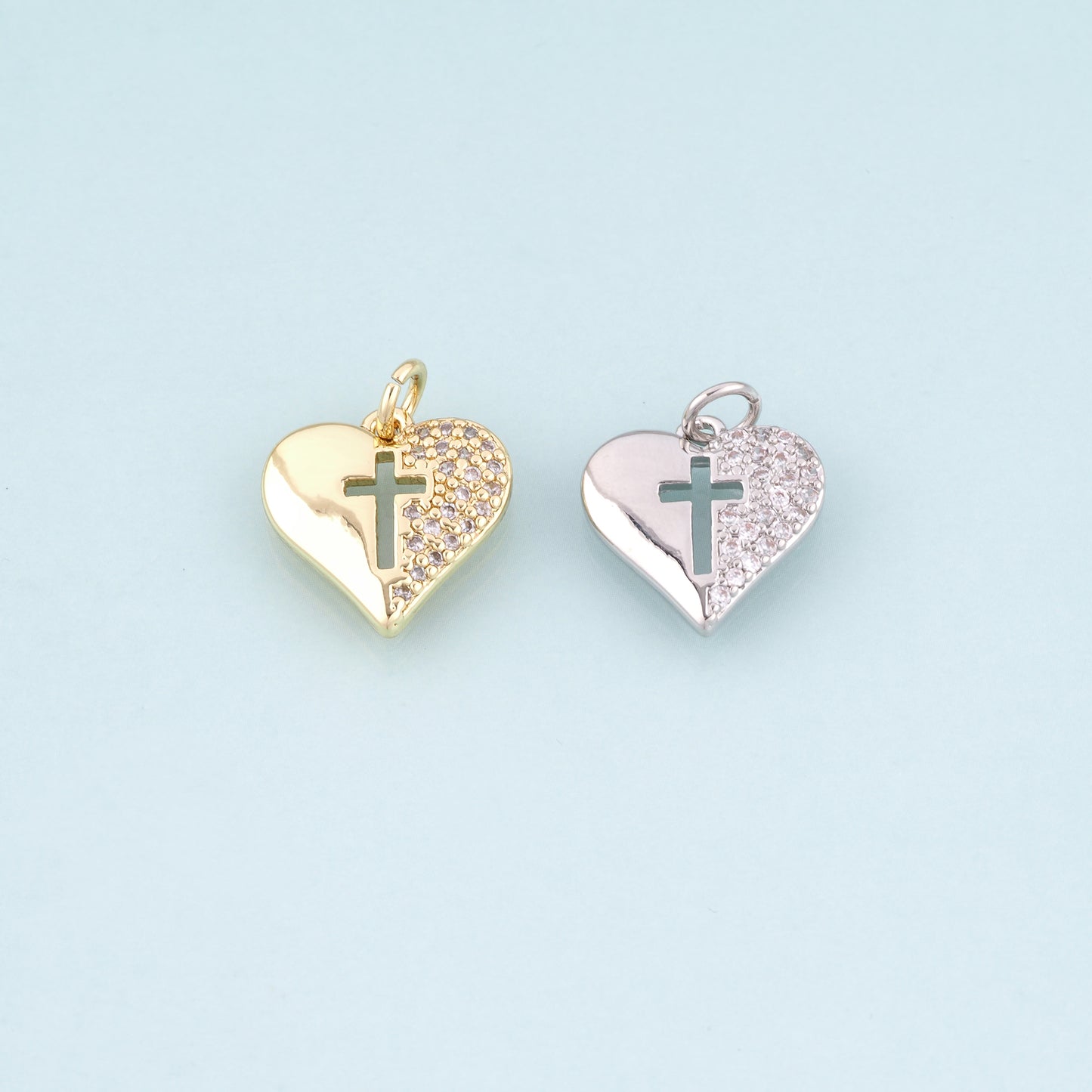 18K Gold Filled CZ Heart Cross Pendant,Sincere Love Charm Bracelet Necklace for DIY Jewelry Making Supply