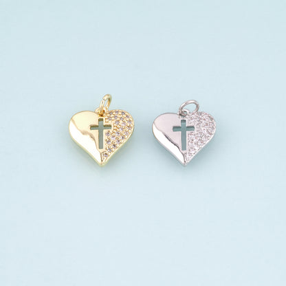 18K Gold Filled CZ Heart Cross Pendant,Sincere Love Charm Bracelet Necklace for DIY Jewelry Making Supply