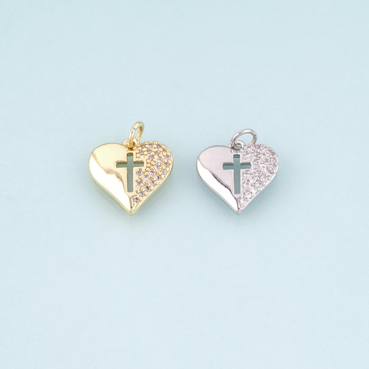 18K Gold Filled CZ Heart Cross Pendant,Sincere Love Charm Bracelet Necklace for DIY Jewelry Making Supply