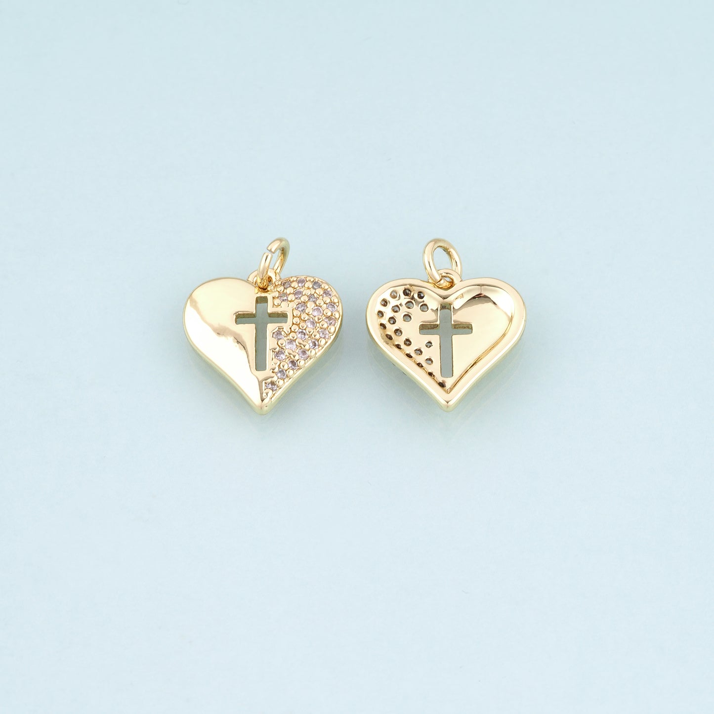 18K Gold Filled CZ Heart Cross Pendant,Sincere Love Charm Bracelet Necklace for DIY Jewelry Making Supply