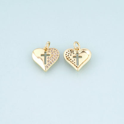 18K Gold Filled CZ Heart Cross Pendant,Sincere Love Charm Bracelet Necklace for DIY Jewelry Making Supply