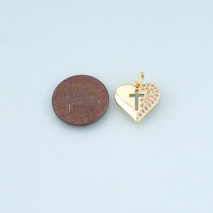 18K Gold Filled CZ Heart Cross Pendant,Sincere Love Charm Bracelet Necklace for DIY Jewelry Making Supply