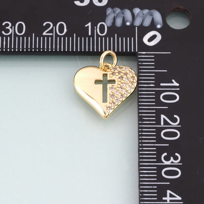 18K Gold Filled CZ Heart Cross Pendant,Sincere Love Charm Bracelet Necklace for DIY Jewelry Making Supply