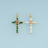 18K Gold Filled Enamel Rose Cross Charm, Floral Cross Pendant with Rose Flower Detail for Bracelet Necklace DIY Jewelry Making Supply