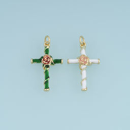 18K Gold Filled Enamel Rose Cross Charm, Floral Cross Pendant with Rose Flower Detail for Bracelet Necklace DIY Jewelry Making Supply