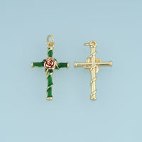 18K Gold Filled Enamel Rose Cross Charm, Floral Cross Pendant with Rose Flower Detail for Bracelet Necklace DIY Jewelry Making Supply
