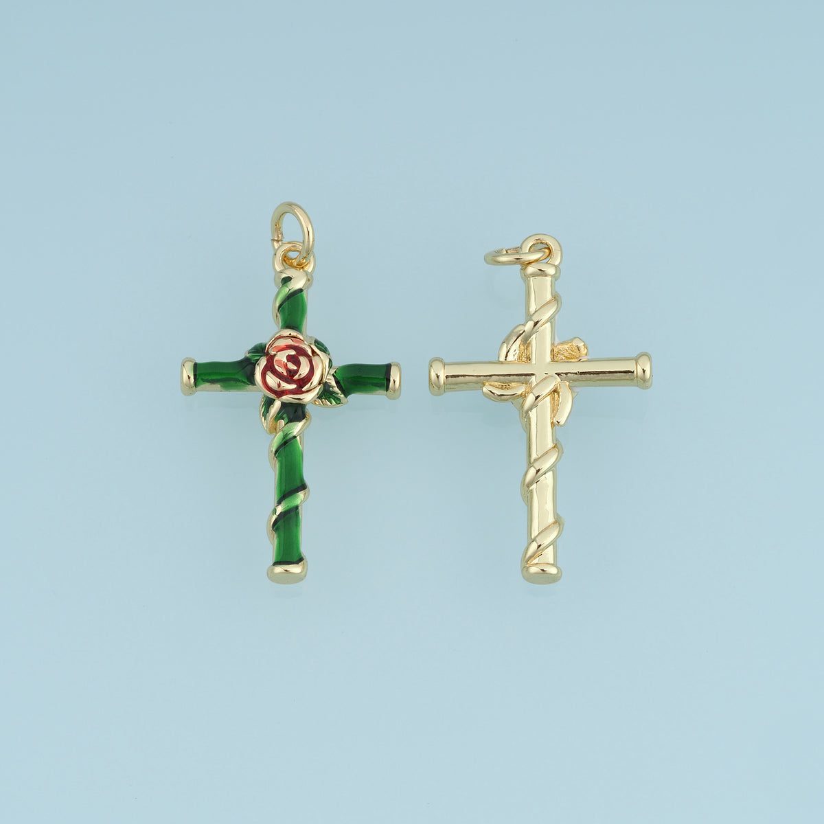 18K Gold Filled Enamel Rose Cross Charm, Floral Cross Pendant with Rose Flower Detail for Bracelet Necklace DIY Jewelry Making Supply