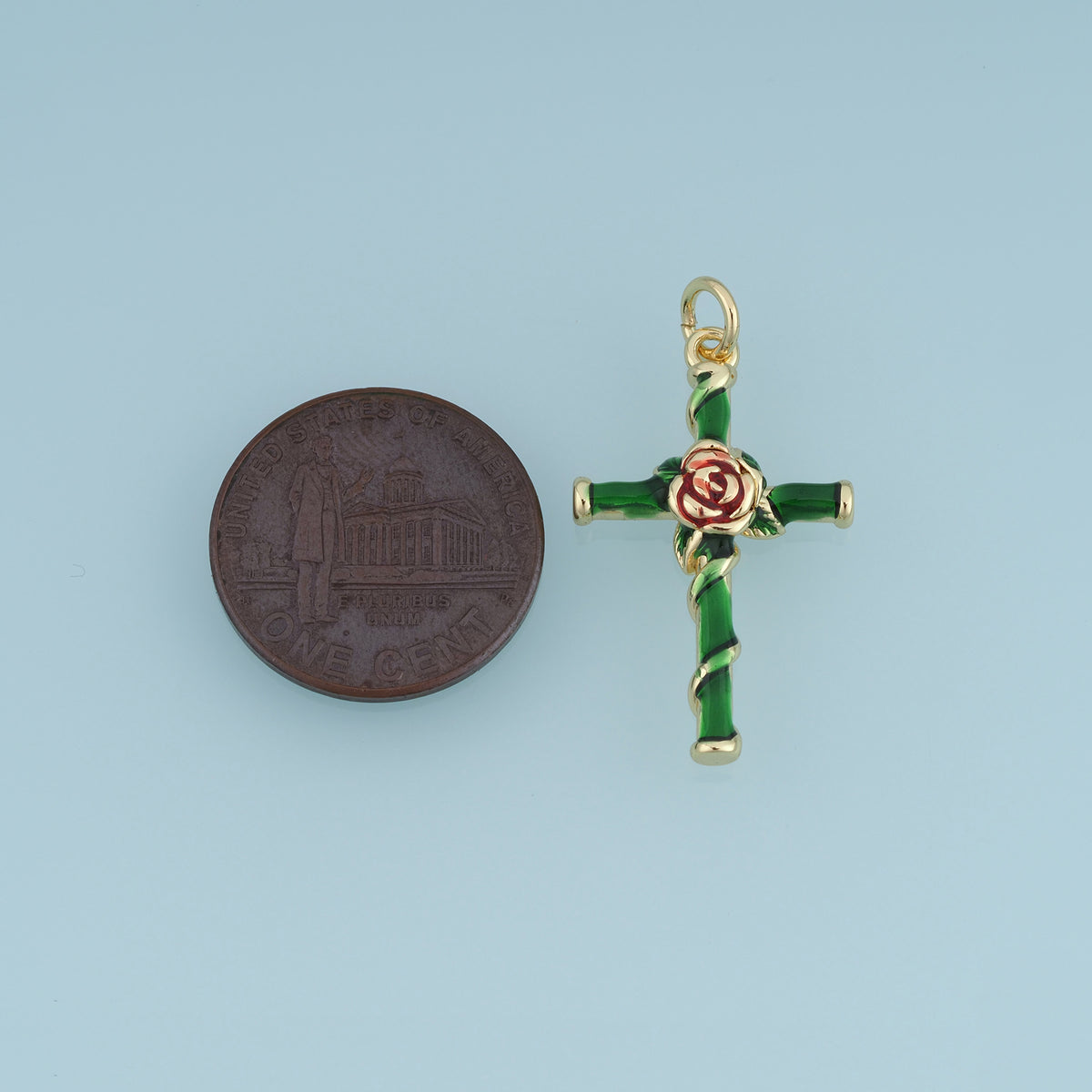 18K Gold Filled Enamel Rose Cross Charm, Floral Cross Pendant with Rose Flower Detail for Bracelet Necklace DIY Jewelry Making Supply