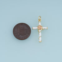 18K Gold Filled Enamel Rose Cross Charm, Floral Cross Pendant with Rose Flower Detail for Bracelet Necklace DIY Jewelry Making Supply