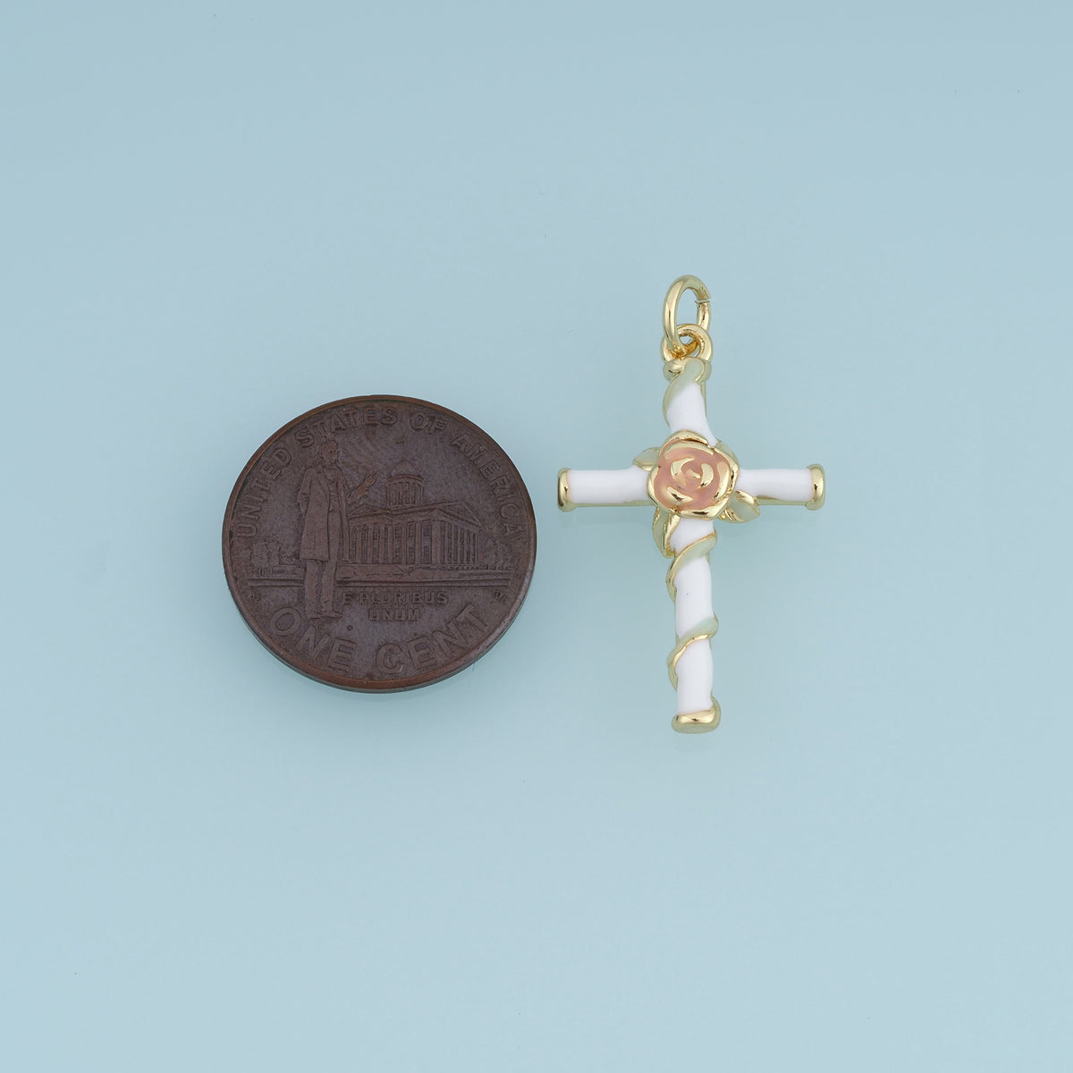 18K Gold Filled Enamel Rose Cross Charm, Floral Cross Pendant with Rose Flower Detail for Bracelet Necklace DIY Jewelry Making Supply