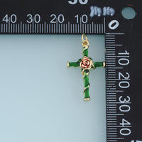 18K Gold Filled Enamel Rose Cross Charm, Floral Cross Pendant with Rose Flower Detail for Bracelet Necklace DIY Jewelry Making Supply