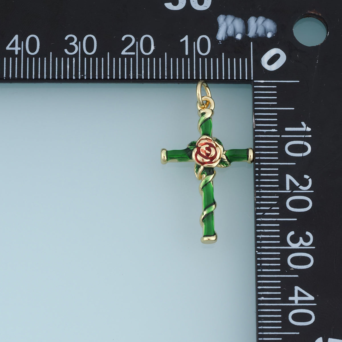 18K Gold Filled Enamel Rose Cross Charm, Floral Cross Pendant with Rose Flower Detail for Bracelet Necklace DIY Jewelry Making Supply