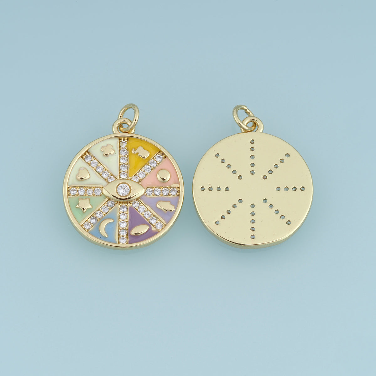 18K Gold Filled Enamel Evil Eye Coin Charm, Multi-Symbol Round Medallion Pendant with CZ for DIY Bracelet & Necklace Jewelry Making Supply
